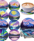 8 Piece Diamond Art Coaster Kit With Holder Dope Landscape Themed DIY Art Coasters For Drinks Beginners Friendly Craft Supplies For Adults Perfect Birthday Gift And Creative Home Decor featuring colorful landscape designs and acrylic material.