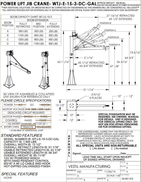 Smooth Operator DC Powered Jib Crane With Galvanized Build And Telescoping Boom Handles 1500 Pounds Easily For Real Workshops Using 360 Swivel Design To Get Projects Done Fast Without Breaking A Sweat Today diagram showing specifications and capacity chart.