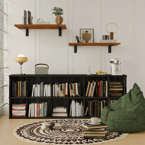Modern living room with two wooden shelves mounted using Beefy Heavy Duty L Shelf Brackets 6 Pack Matte Black 20 By 5.6 Inch Floating Shelf Brackets Support Up To 300 Lbs Per Pair Wall Mount Hardware Included For Home Garage.