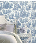Country Life Toile Peel And Stick Wallpaper Roll For Easy DIY Accent Wall Blue And White decorating a bedroom wall