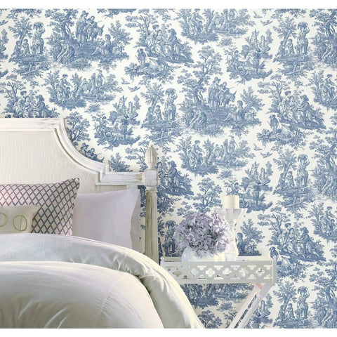 Country Life Toile Peel And Stick Wallpaper Roll For Easy DIY Accent Wall Blue And White decorating a bedroom wall