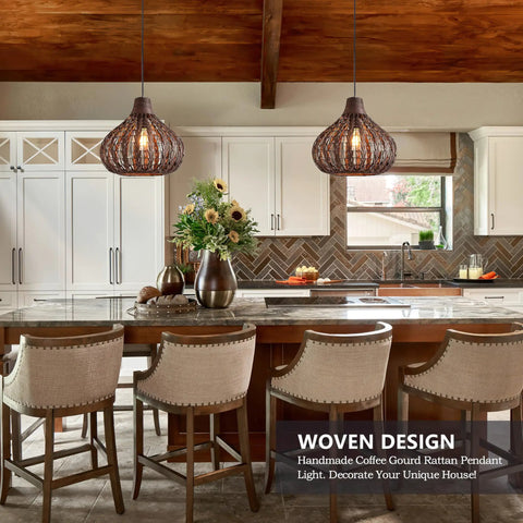 Handwoven Rattan Pendant Light With Wicker Shade Ceiling Fixture For Hallways And Islands Diameter 13.8 Inches 12W 2700K LED Corn Bulb Included Warm Glow Farmhouse Style Great For Dining Rooms Living Rooms Modern Rustic Homes Cozy Farmhouse Vibes