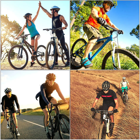 Cyclists using Beefy Adjustable Bicycle Handlebar Riser Extender on road, mountain, BMX in various scenic outdoor settings.