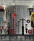 LockHook Steel Pegboard Hook Kit 46 Piece Set heavy duty zinc plated hooks holding various tools for garage and workshop storage