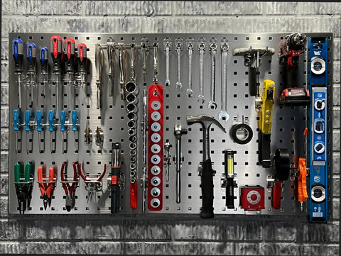 LockHook Steel Pegboard Hook Kit 46 Piece Set heavy duty zinc plated hooks holding various tools for garage and workshop storage