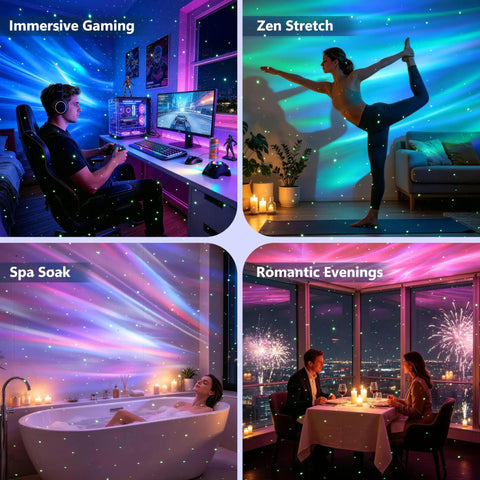 Northern Lights Aurora Projector With Star Projector And Music Speaker for immersive gaming, yoga, bath, romantic dining setup