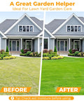 Split image showing lawn before and after using Lawn Aerator Tool With 16 Spikes And Spring Base Preassembled Manual Yard Aerator Kit.