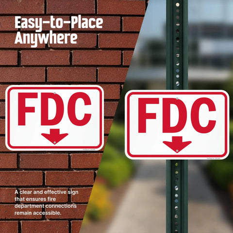 Rugged 12X18 Inch Fdc Fire Department Connection Metal Sign With Down Arrow In Red And White on brick and pole backgrounds.