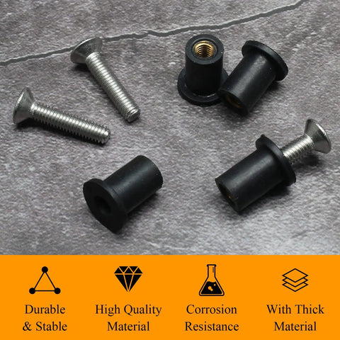 12 Pairs M4 Rubber Well Nuts Neoprene Expansion Brass Nuts Fairing Universal Motorcycle Fasteners With Stainless Steel Pozi Screws