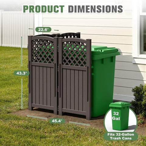 Outdoor Privacy Screen For Trash Cans And AC Units, 4 Panel Enclosure In Brown shown around green trash bin