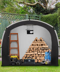 Outdoor Bike Storage Shed Tent With Waterproof Shelter For Bicycles showing interior with logs, tools, and ladder in garden