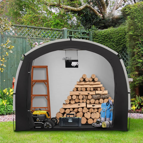 Outdoor Bike Storage Shed Tent With Waterproof Shelter For Bicycles showing interior with logs, tools, and ladder in garden