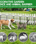 Easy No Dig Garden Fence Kit With 10 Arched Panels installed as garden and animal barrier behind a dog and cat on lawn.