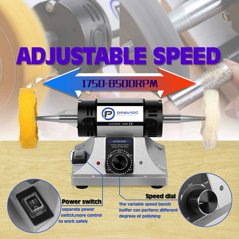 Jewelry Polisher And Buffing Machine With Adjustable Variable Speed Bench Grinder For Jewelry Making And Metal Finishing, Lightweight, Workshop-Ready Tabletop Polisher, Includes 6 Cloth Wheels, 2 Abrasive Fiber Wheels, Safety Glass, Polish Compound