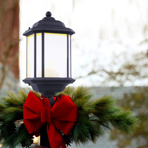 Kent One Light Outdoor Post Lantern Black Finish Weatherproof Aluminum Fixture For Wet Locations, decorated with red bow