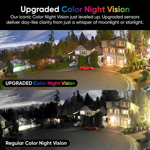 Upgraded Color Night Vision comparison with homes, showing enhanced clarity versus regular night vision for No Sweat Window Mount Security Cam With HD WiFi Live Streaming And Rock Solid Color Night Vision For Slick Home Protection And Smart AI Motion Detection That Plays Nice With Alexa And Google Home.