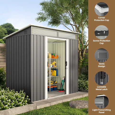 Durable 6x4 Outdoor Metal Storage Shed With Sliding Lockable Doors Bright Clear Panel Windows Built To Last And A Super Handy Tool And Bike Shed For Backyard Or Patio Weatherproof Dark Gray