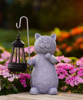 Solar Powered Cat Garden Statue With Warm Glow Lantern, Weatherproof Resin Outdoor Decor in flower garden