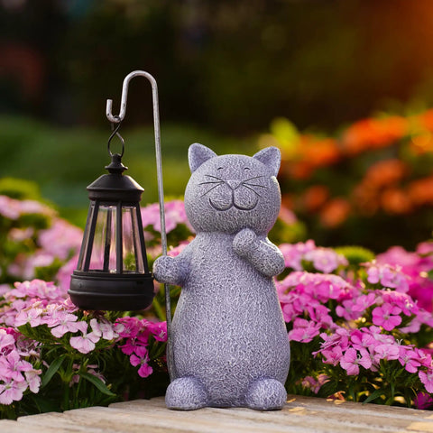 Solar Powered Cat Garden Statue With Warm Glow Lantern, Weatherproof Resin Outdoor Decor in flower garden