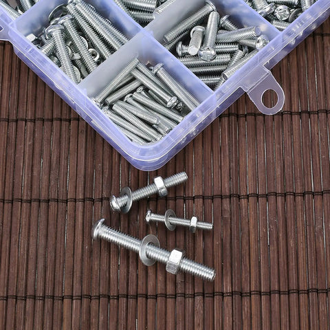 720 Piece Nuts And Bolts Kit With Carbon Steel M3 M4 M5 Screws Nuts And Washers in a storage case on wooden surface