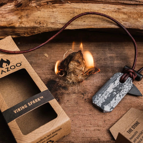 Viking Spark Whetstone Sharpener And Fire Starter Necklace, All-In-One Survival Gear with burning tinder and packaging
