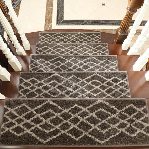 Non Slip Stair Treads Carpet Mats For Wooden Steps 10pcs Indoor Stair Runners With Polyester Fabric And TPE Backing Black Rhombus Design For Kids And Pets