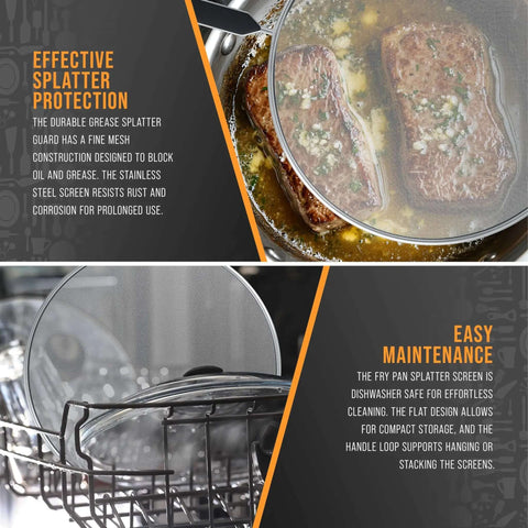 Four Piece Stainless Steel Splatter Guard Set With Fine Mesh Keeps Grease From Splashing All Over Your Stove, shown in use and in dishwasher