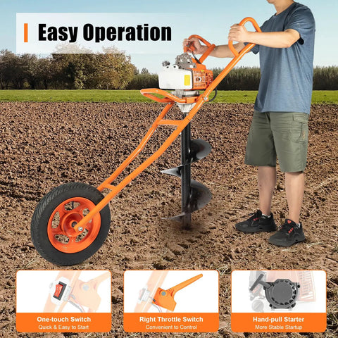 Person using Gas Powered Post Hole Digger With Wheelbarrow Design, Workhorse Two-Stroke 3HP Engine in field