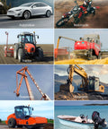 Collage of eight industrial vehicles including automotive, motorcycle, tractor, harvester, suspender, excavator, road roller, and boat.