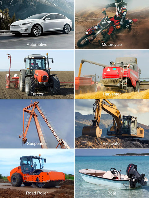 Collage of eight industrial vehicles including automotive, motorcycle, tractor, harvester, suspender, excavator, road roller, and boat.