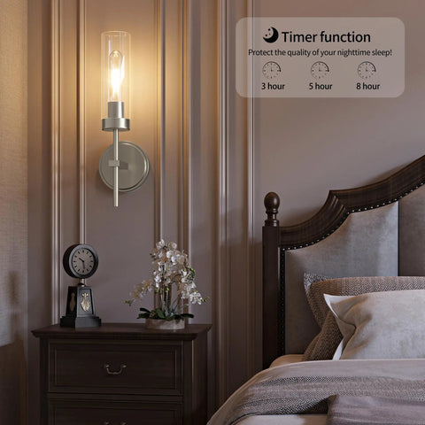 Seasonize Sand Nickle Battery Operated Wall Sconce Set of 2 mounted beside a bed, featuring a timer function.