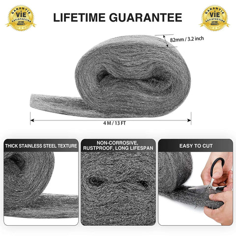 Stainless Steel Wool 13 Ft Grade 0000 Metal Wire Mesh For Cleaning Buffing Polishing Glass Windows Tiles Wood Metal Copper Brass Soft Flexible Reusable