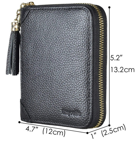 Women's Credit Card Holder Wallet Zip Leather Card Case RFID Blocking with 40 Card Slots and 2 ID Windows, Black Genuine Cowhide Leather