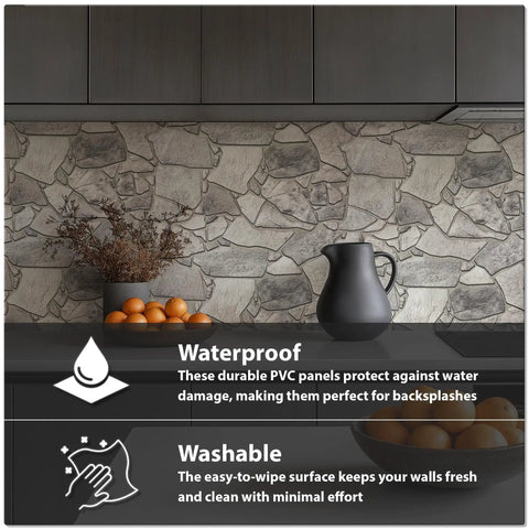 3D Faux Stone Wall Panels Grey Wild Boulder Pack of 10 Lightweight PVC Tiles kitchen backsplash with vase and fruits