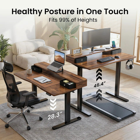 Realbear 48 By 24 Inch Electric Standing Desk With Two Convenient Drawers And A Dual Monitor Shelf in an ergonomic home office setup.