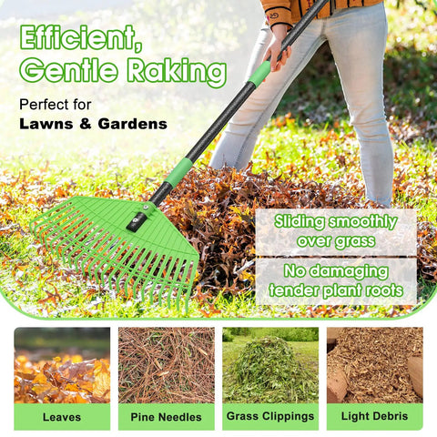 Heavy Duty Nylon Leaf Rake With 17 Inch Wide Head And 45 Inch Handle For Quick Lawn Cleanup used on leaves on grass