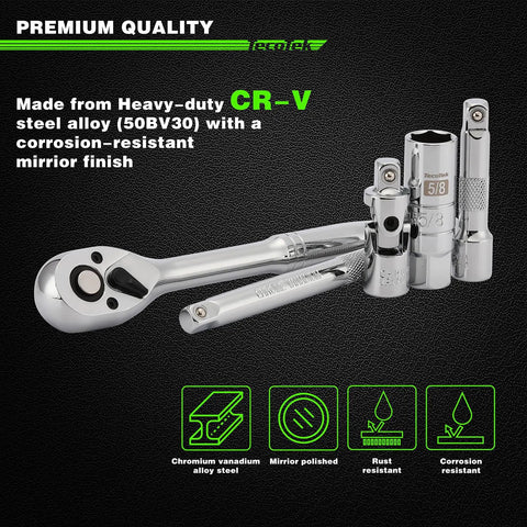 All In One 11 Piece Spark Plug Socket Set With Three Eighth Inch Drive Ratchet Gapper Universal Joint And Three, Six, Ten Inch Extensions Sizes Five Eighths Three Quarters Thirteen Sixteenths Fourteen And Eighteen Millimeter Six Point Sockets With Rubber displayed on a black background showing chrome finish and text highlighting CR-V steel material.