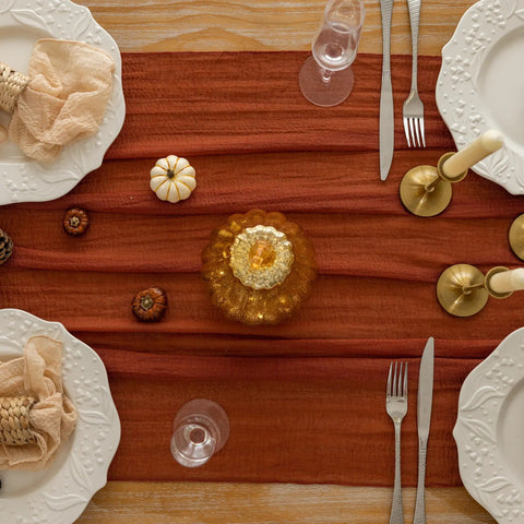 Rustic Fall Thanksgiving Table Runner Terracotta Cheesecloth Weave 120 Inches Long Hand Dyed Soft Cotton Gauze Farmhouse Centerpiece with decor.