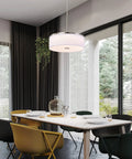 Dining room with Drum Pendant Light With Brushed Nickel Trim And Linen Shade 14 Inch LED Fixture 25W 1200 Lumens