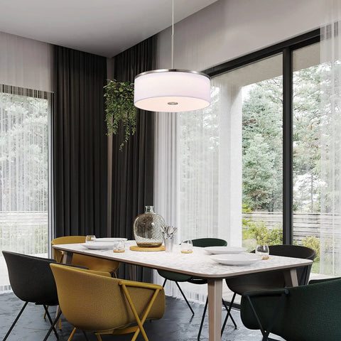 Dining room with Drum Pendant Light With Brushed Nickel Trim And Linen Shade 14 Inch LED Fixture 25W 1200 Lumens