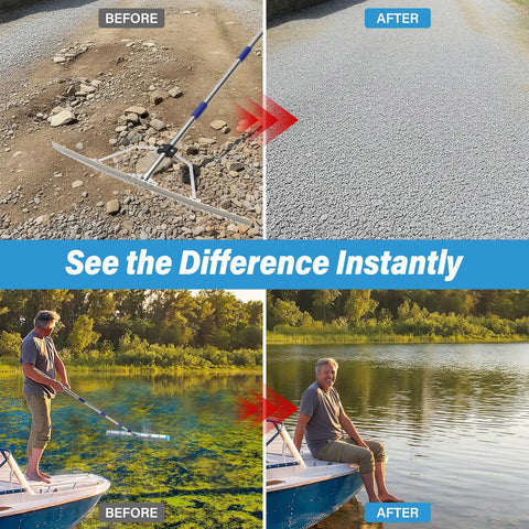Before and after using Beast Of A 31 Inch Heavy Duty Landscape And Pond Rake for gravel and pond cleanup