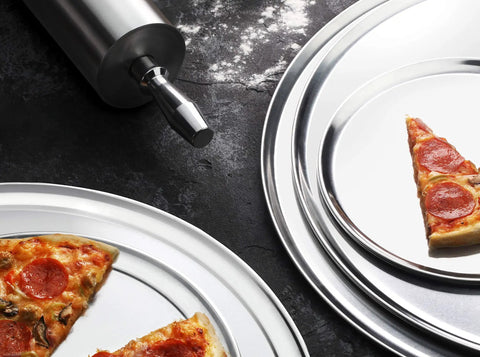 Pro Grade Restaurant Aluminum Pizza Pan 14-Inch Coupe Style Baking Tray Pack Of 6 with pepperoni pizza slices