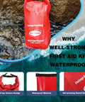 Front view of red WELL-STRONG waterproof first aid kit roll-top with logo