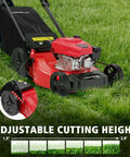 Gas Self Propelled Lawn Mower With 21 Inch Cutting Width 3 In 1 Bagging Mulching Rear Discharge close-up on adjustable cutting height