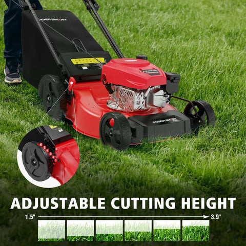 Gas Self Propelled Lawn Mower With 21 Inch Cutting Width 3 In 1 Bagging Mulching Rear Discharge close-up on adjustable cutting height