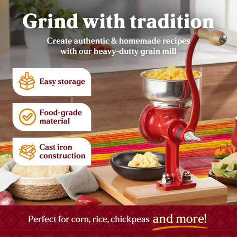 Dope Manual Grain Mill With Wooden Table And Low Hopper Cast Iron Nixtamal Grinder For Corn Rice Chickpeas And Masa