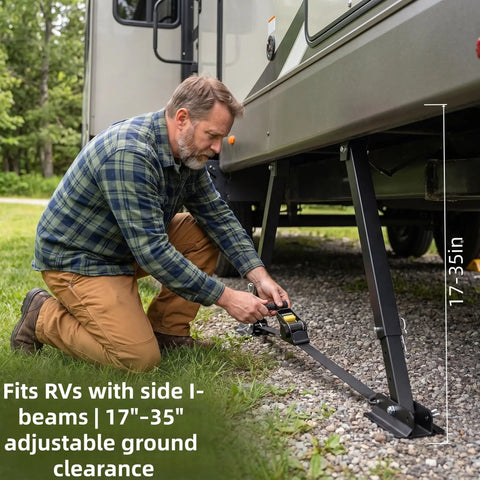 Man using Heavy Duty Aluminum RV Anti-Wobble Stabilizer With Ratchet Tension on RV, showing 17 to 35 inch lateral support