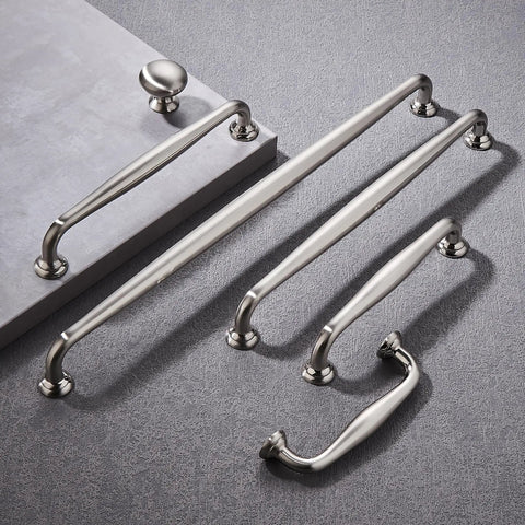 10 Pack Brushed Nickel Cabinet Knobs And Pulls For Kitchen Cabinets Bedroom Dressers And Wardrobes Solid Zinc Alloy Hardware Easy Installation Durable Furniture Hardware Dope Look Modern Update. Showcasing varied lengths of pulls and a knob on grey surface.