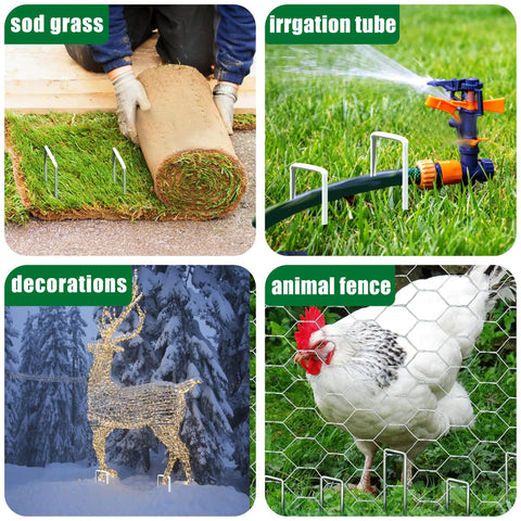 Bulk 500 Pack 6 Inch Galvanized Landscape Staples Garden Stakes Pro Grade Heavy Duty Anti Rust Ground Pins shown in various uses