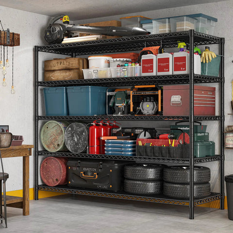 Heavy Duty Garage Shelving Unit With Wheels And Adjustable Feet, Five Tier Steel Wire Storage Rack, 2998 Lb Capacity, 85.7 Inch Tall, Built Tough For Tools And Gear Organization, loaded with garage tools